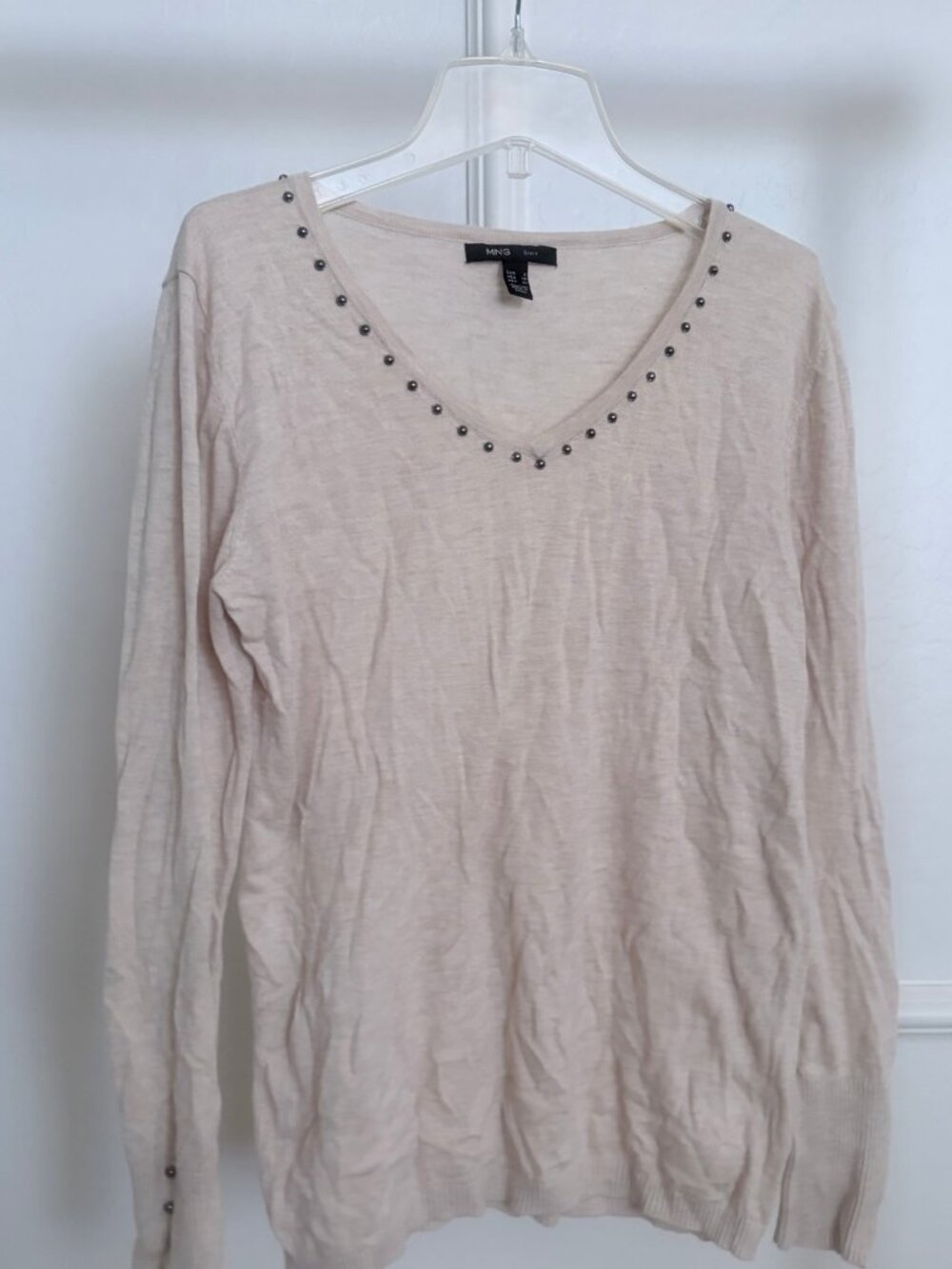 Mango Suit Beige Studded V-Neck Sweater - USA XS